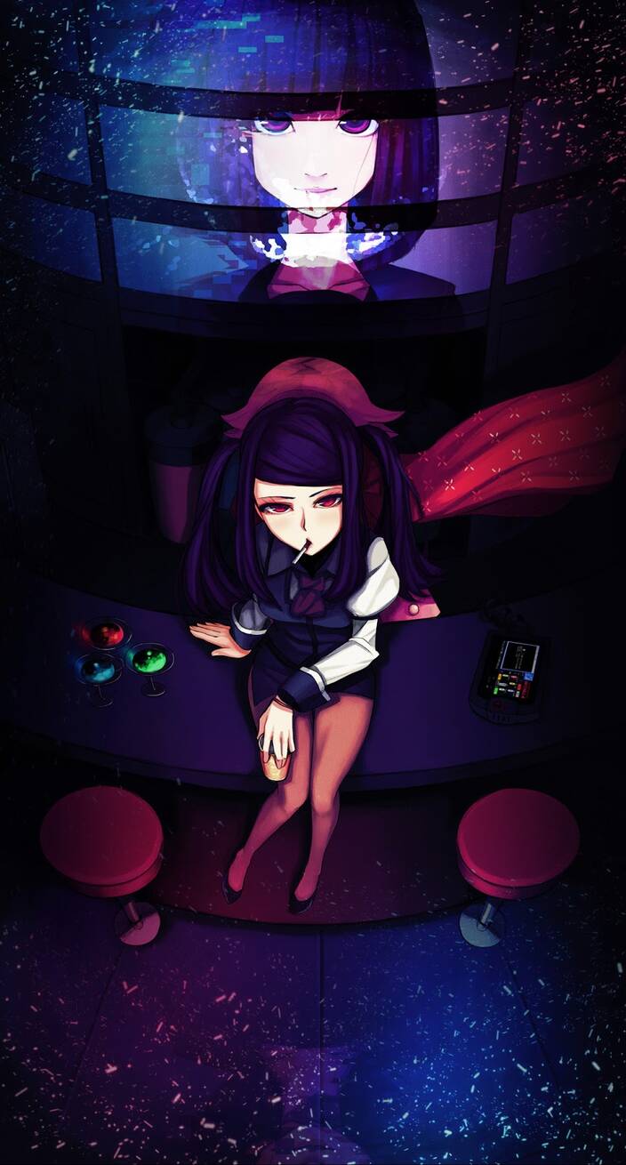 Arte promocional do jogo mostrando a personagem principal Jill sentada no balcão do bar