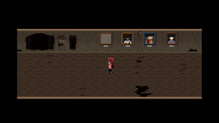 Screenshot of Ann walking in a hall of portraits in the warped school