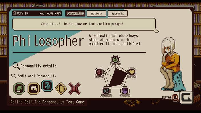 Screenshot showing my second Additional Personality: Philosopher