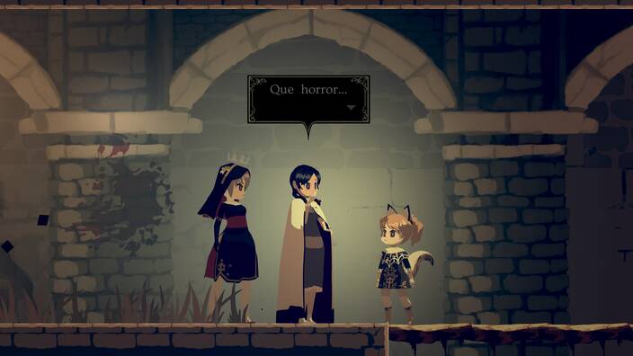 Screenshot of a mid game cutscene with Sister Semilla, Sister Fran and Camphor