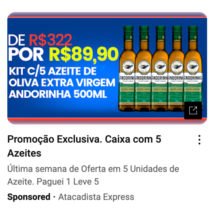 Screenshot de propaganda falsa de kit com 5 azeites de oliva por R$89,90