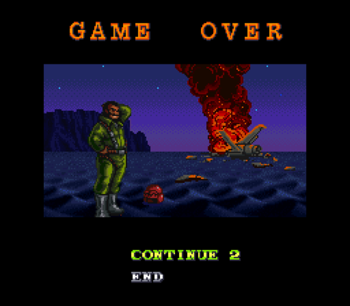 Game over screen showing the player character standing in front of their burning plane in the desert