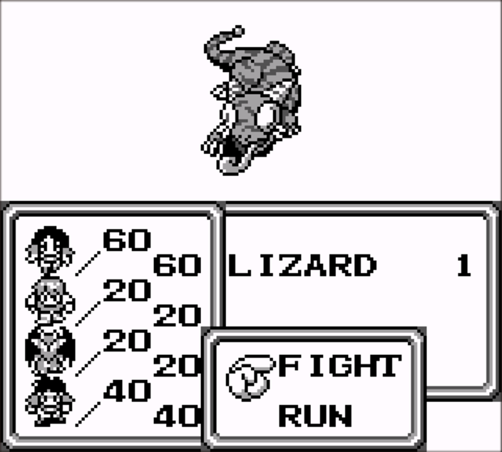 Screenshot showing the game&rsquo;s battle screen with a lizard enemy