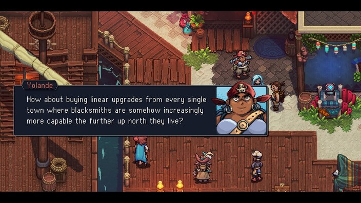 Screenshot showing the pirate Yolande talking about you usually buy linear equipment upgrades and how blacksmiths get more capable the farther north they live