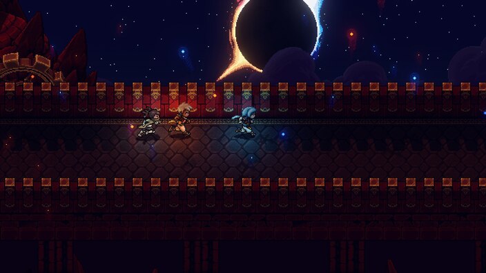 Screenshot showing the party in front of an eclipse