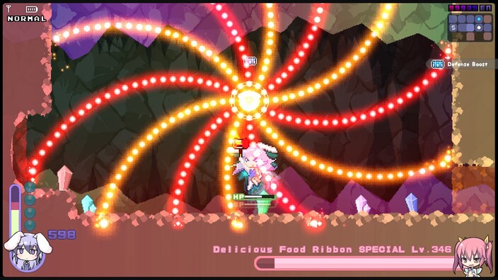 Boss battle with lots of bullets in a spiral pattern reminiscent of Touhou