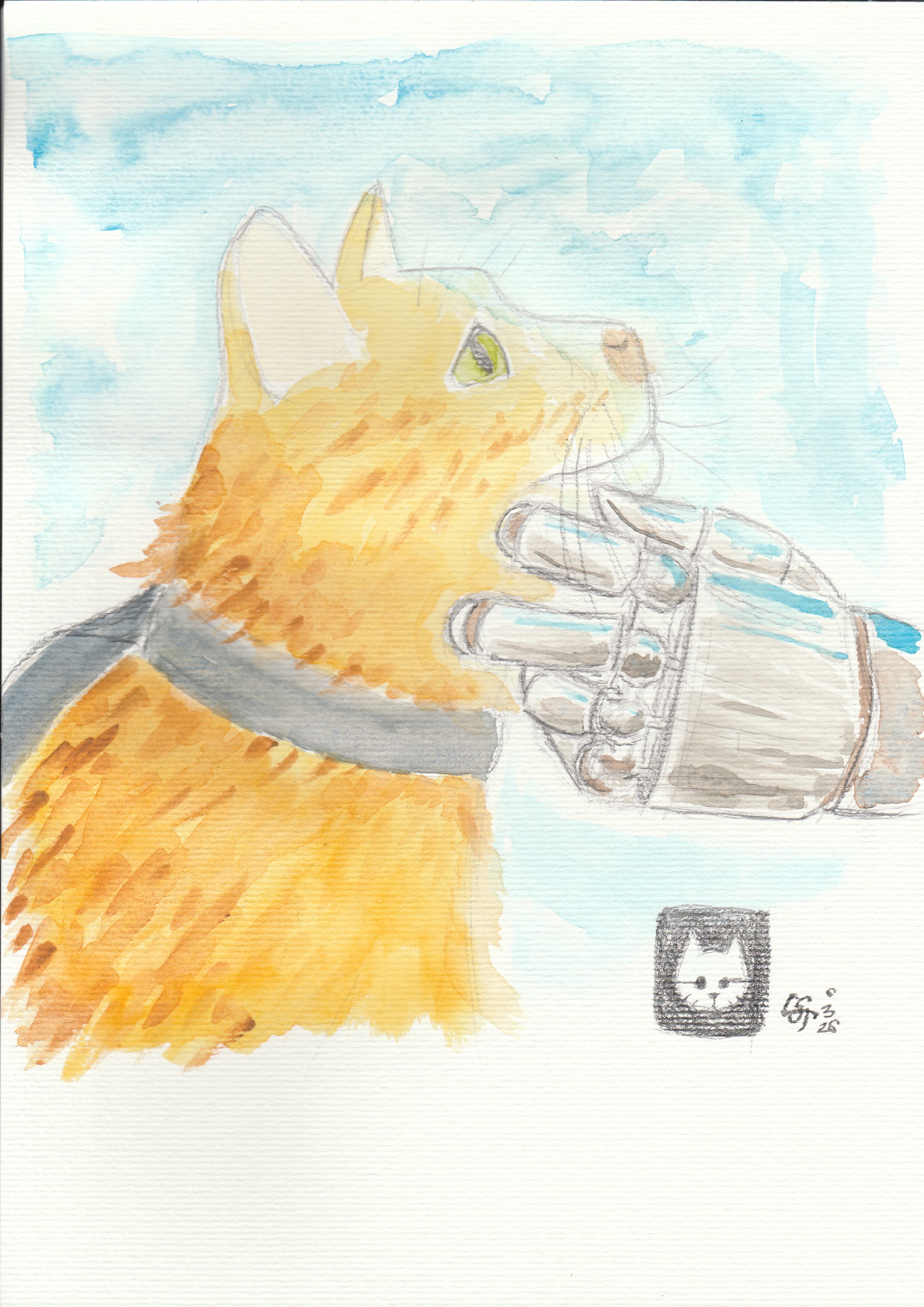 Stray fanart showing the titular orange cat and a robot hand caressing its face