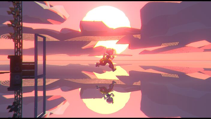 Beat running in front of a sunset, with her reflection on the ground
